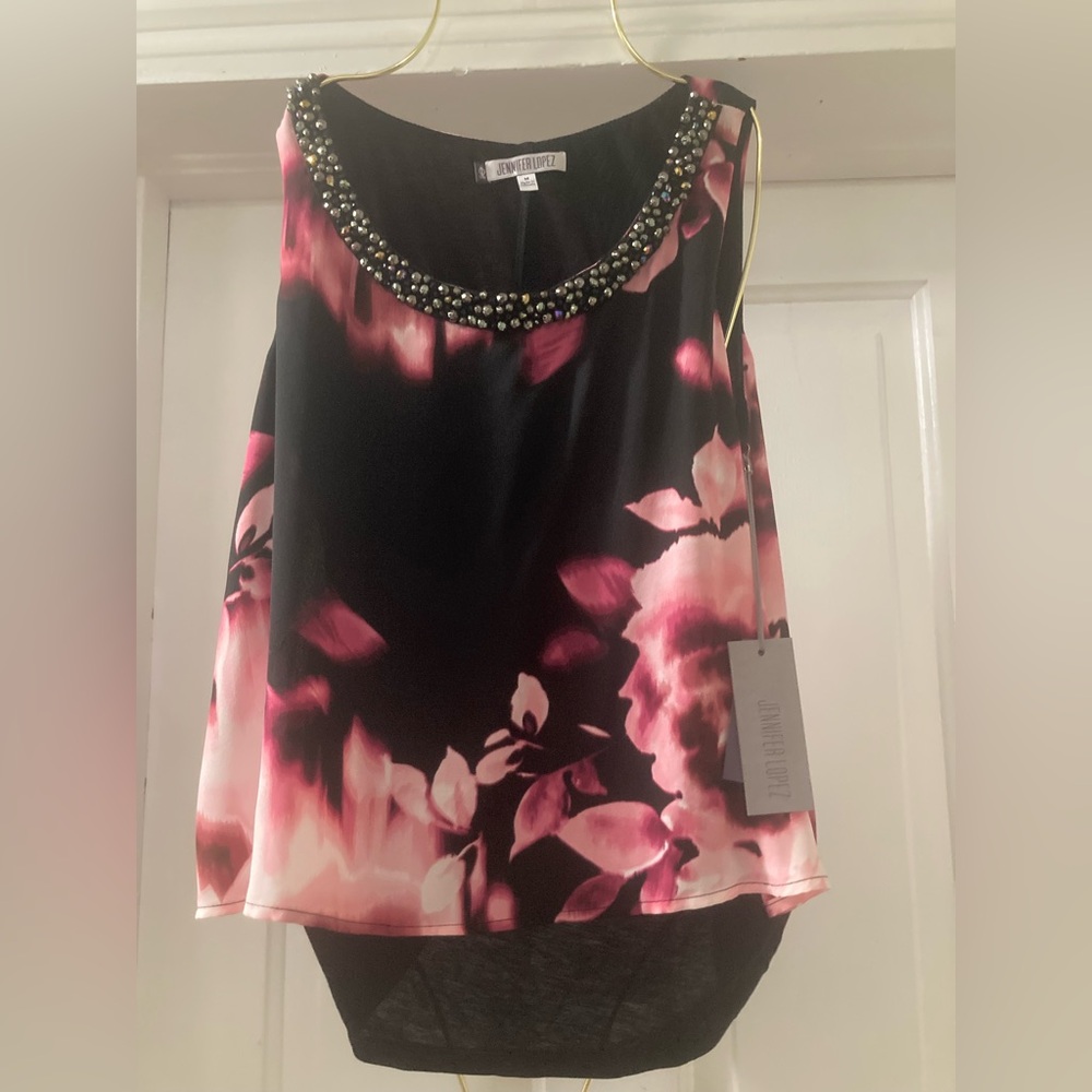 Jennifer Lopez Sleeveless Black and Pink Floral Beaded Blouse Size Medium by NWT